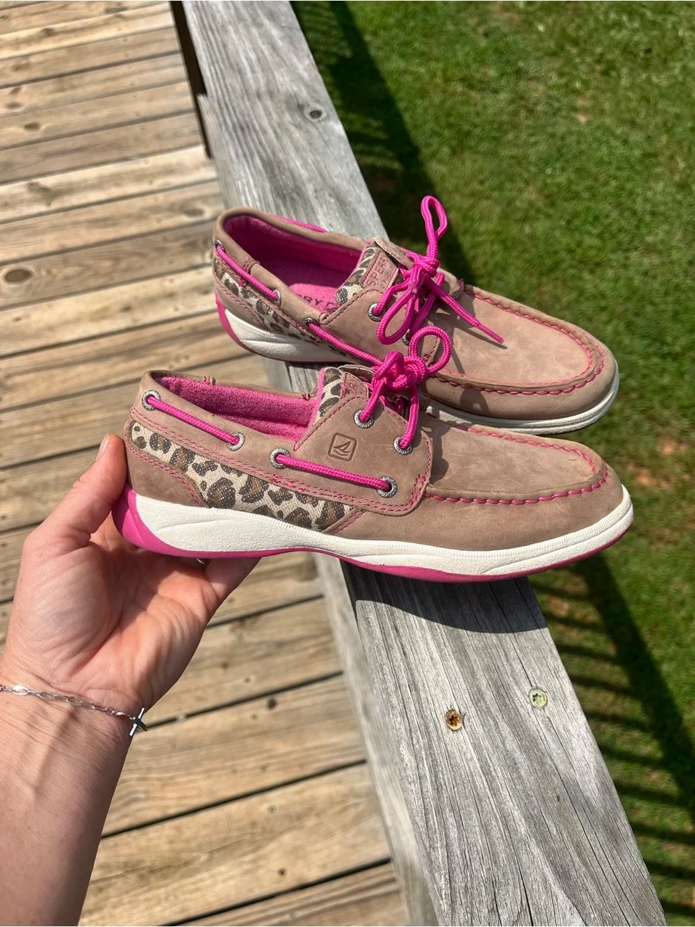 Sperry Tan Moccasin Boat Shoes with Hot Pink Accents - Kids